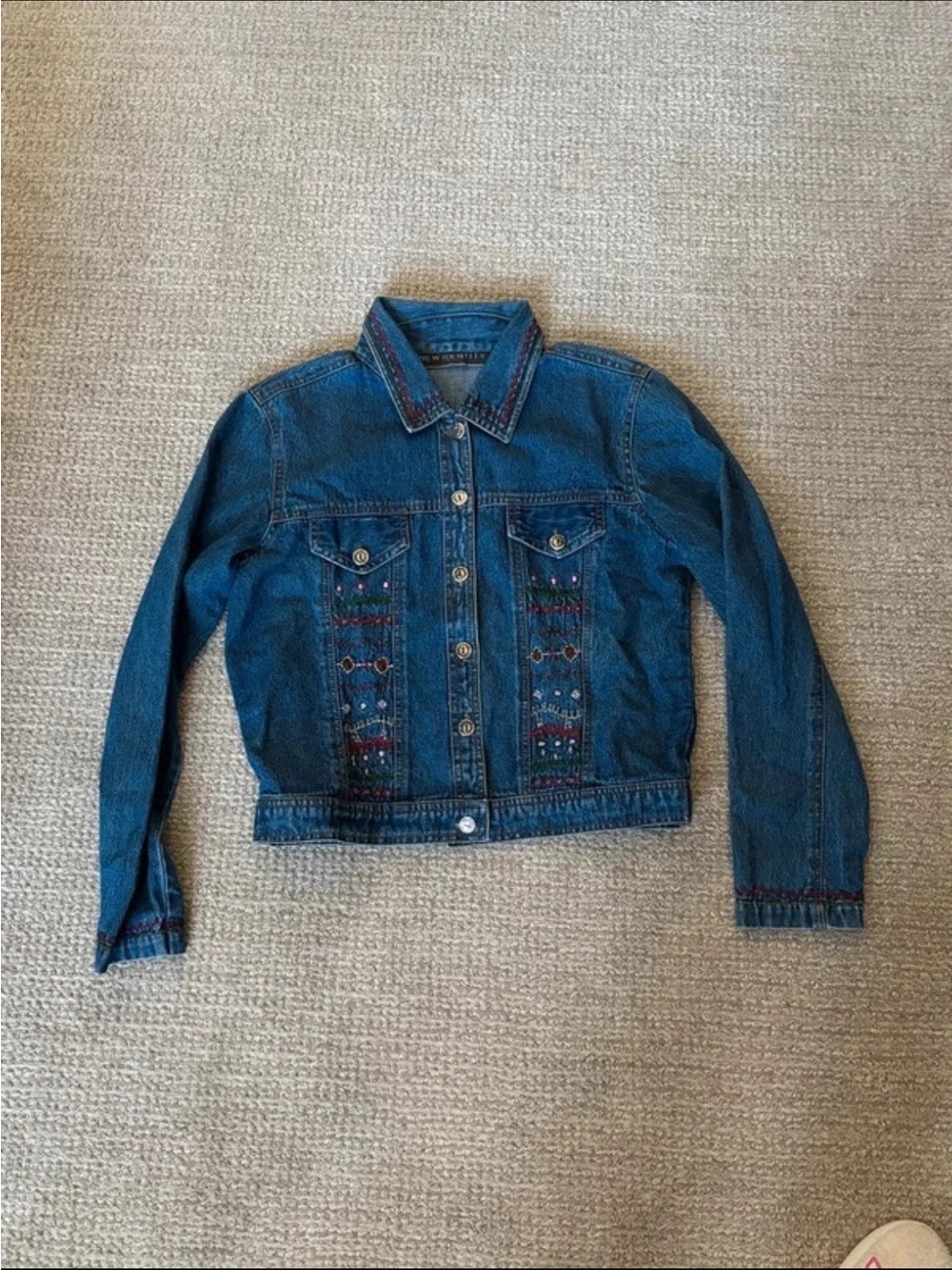 Women's Blue Embroidered Denim Jacket - Casual Button-Front